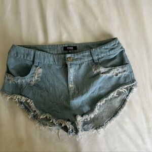 Dollskill Blue Jean Shorts with Distressed Style and Frayed Hem